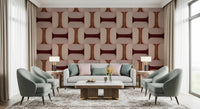 Modern Textured Tiles Clay wallpaper in clay and burgundy behind a grey sofa, sage armchairs and two table lamps