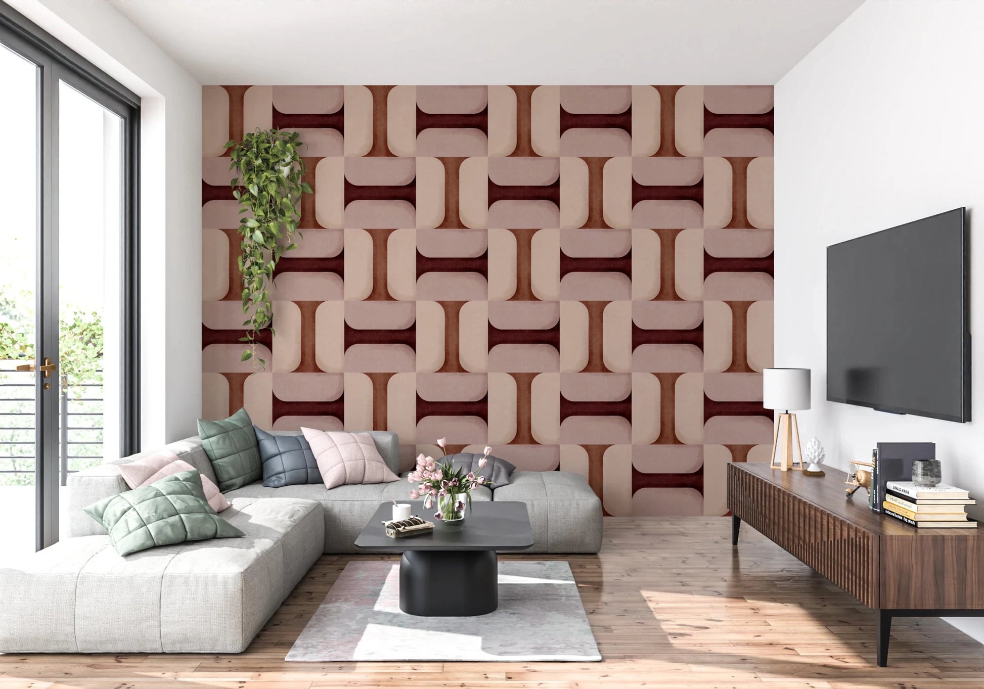 Modern Textured Tiles Clay wallpaper in terracotta behind a grey sectional sofa and wood TV console in a living room