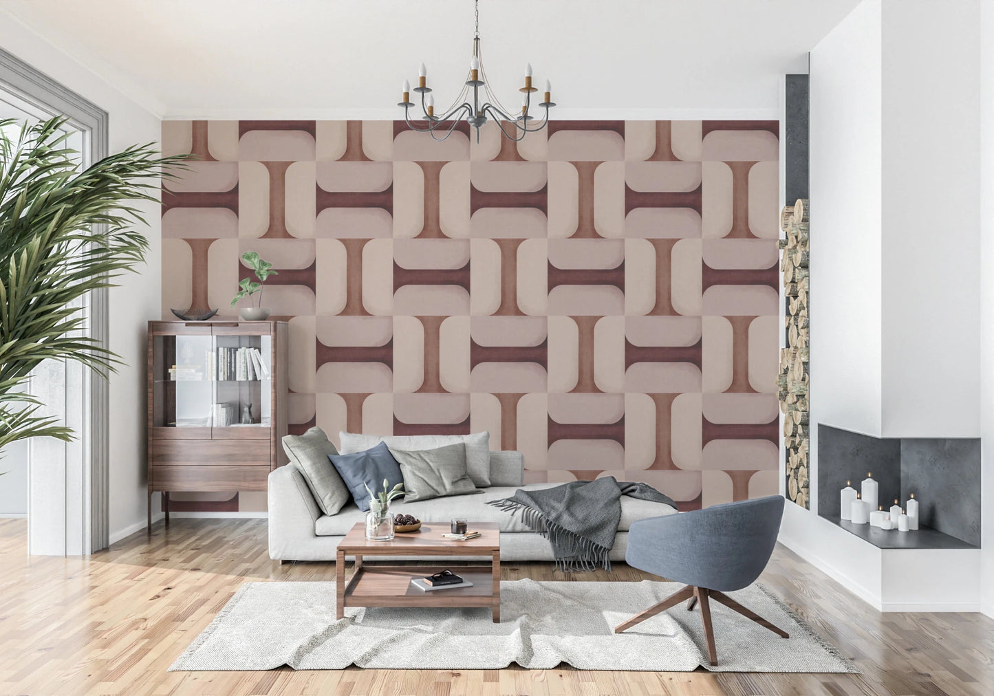 Modern Textured Tiles Clay wallpaper in terracotta behind a grey sofa and blue swivel chair under a chandelier