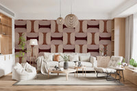Modern Textured Tiles Clay wallpaper in clay and blush behind a cream sofa and two rattan pendant lights in a living room