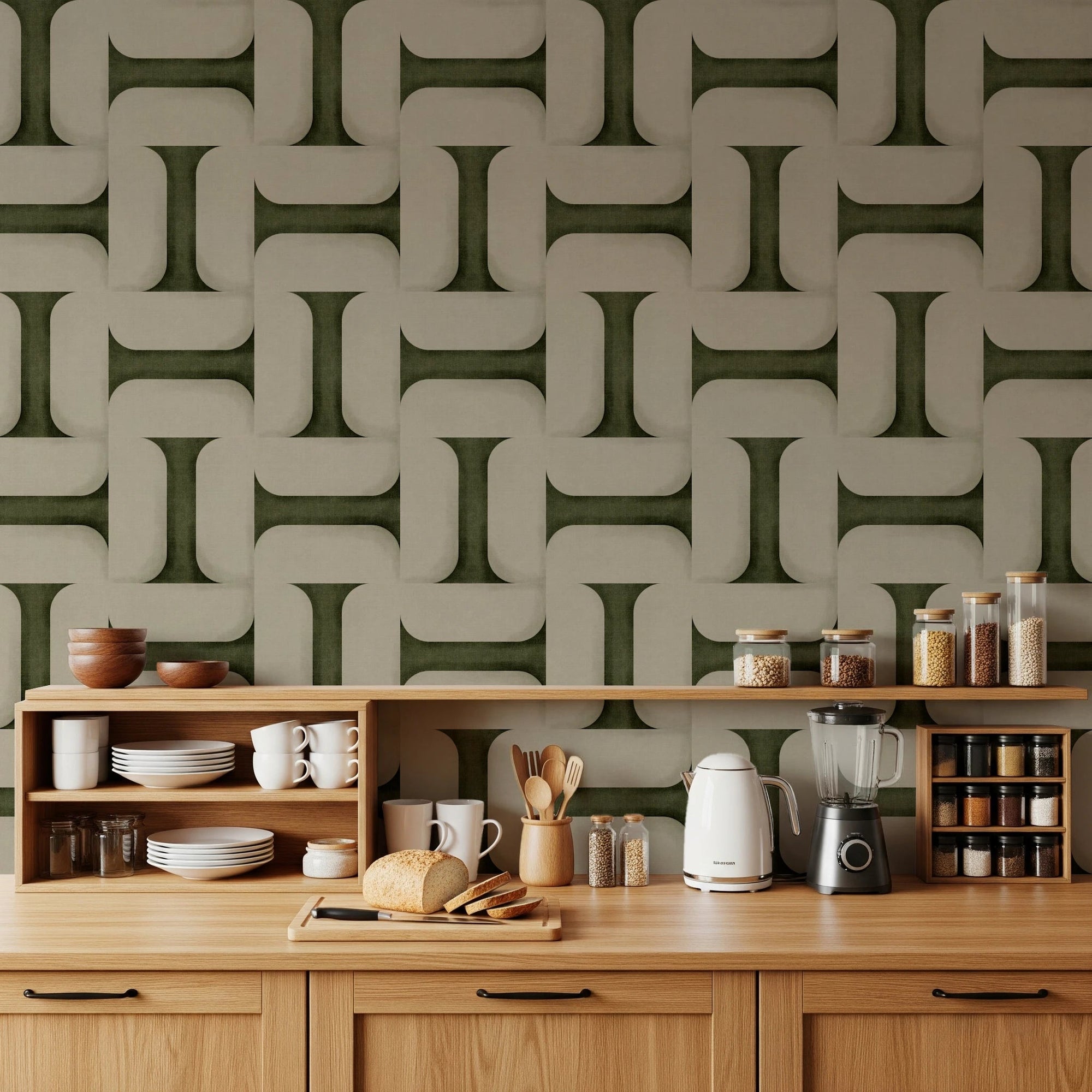 Modern Textured Tiles Olive wallpaper in green and cream interlocking pattern above a wood kitchen counter with dishes and a blender