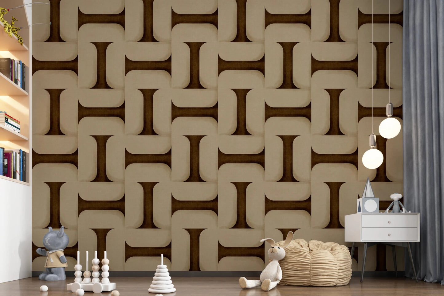 Modern Textured Tiles Umber wallpaper in umber tones behind toys and teddy bears in a child's nursery room