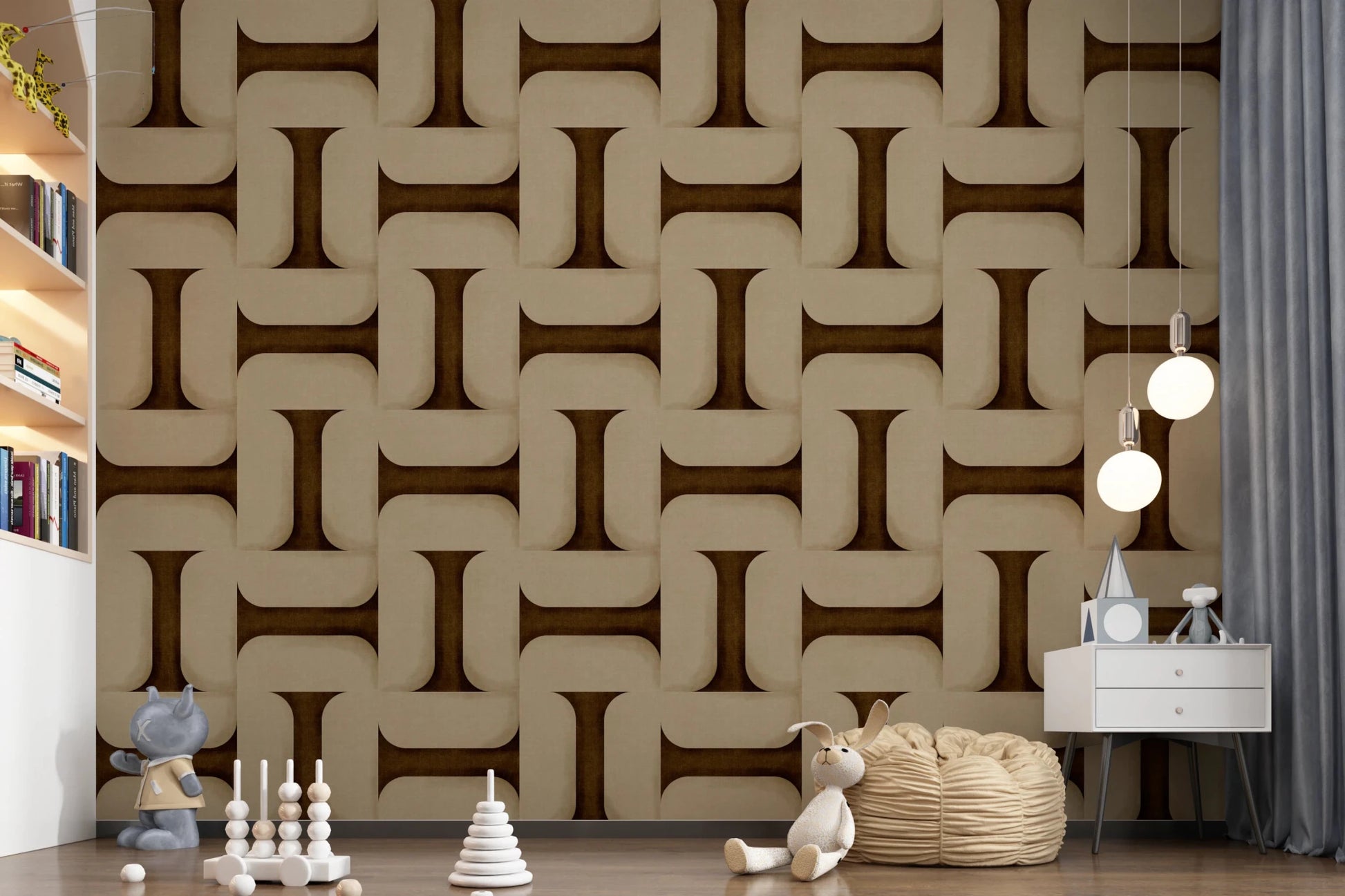 Modern Textured Tiles Umber wallpaper in umber tones behind toys and teddy bears in a child's nursery room