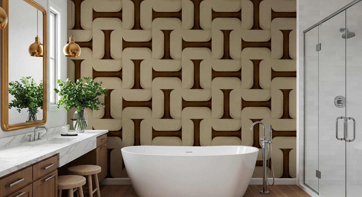 Modern Textured Tiles Umber wallpaper in brown behind a white freestanding tub and wood vanity with gold pendant lights