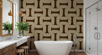 Modern Textured Tiles Umber wallpaper in brown behind a white freestanding tub and wood vanity with gold pendant lights