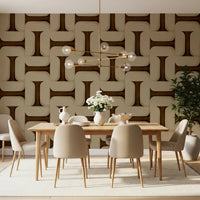 Modern Textured Tiles Umber wallpaper in brown and cream behind a wood dining table and beige chairs in a dining room