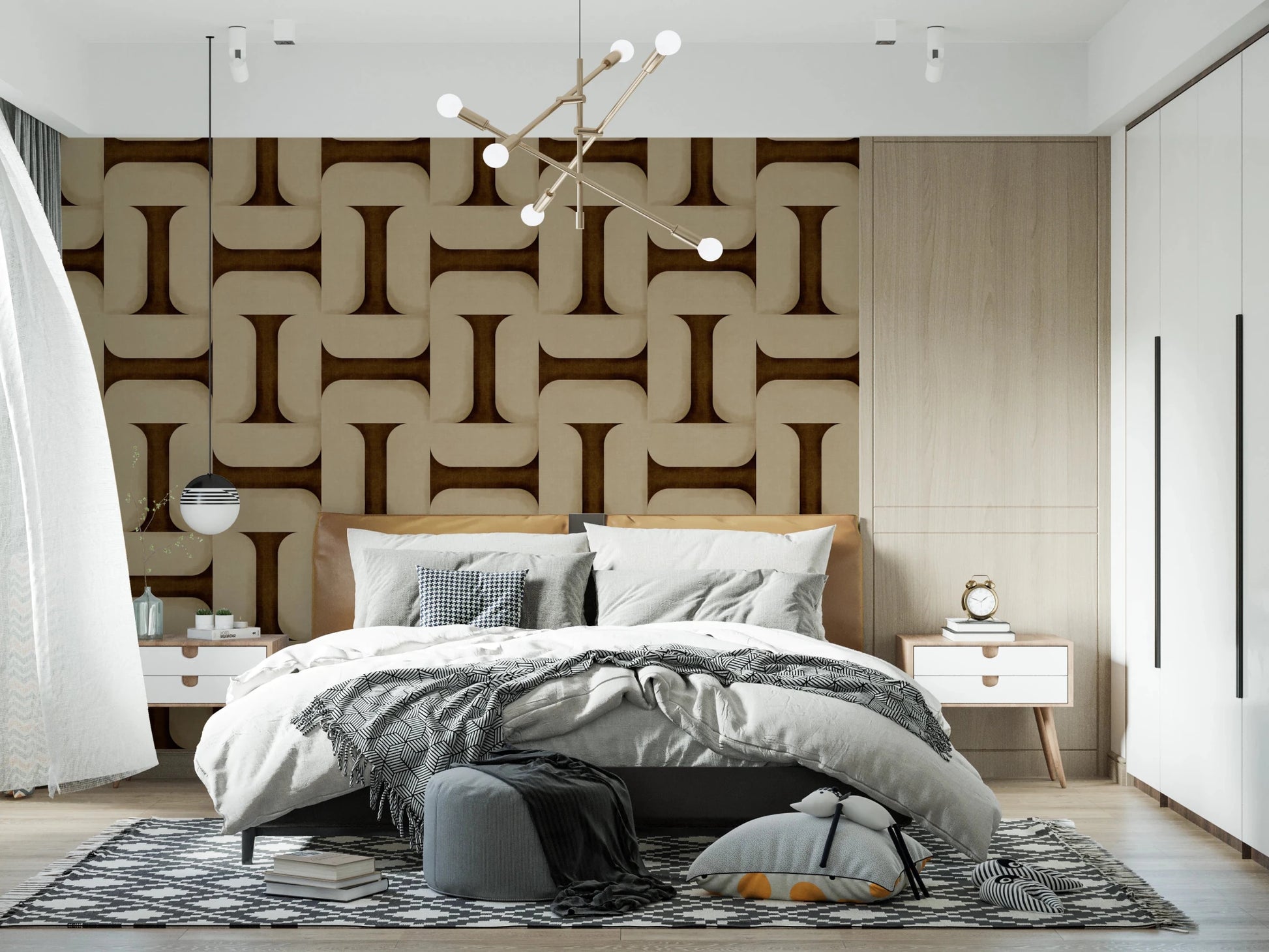 Modern Textured Tiles Umber wallpaper as a headboard wall behind a bed and brass sputnik chandelier in a bedroom