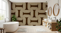 Modern Textured Tiles Umber wallpaper in umber tones behind a white tub and double-sink wood vanity in a bathroom