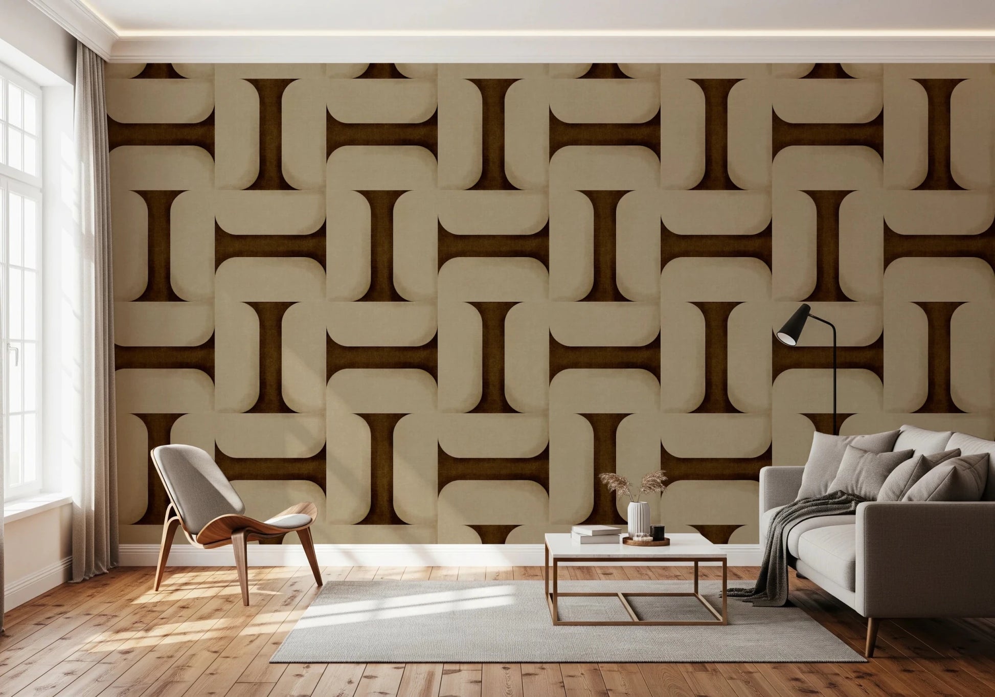 Modern Textured Tiles Umber wallpaper in umber tones behind a grey sofa, wood chair and floor lamp in a living room