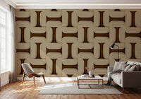 Modern Textured Tiles Umber wallpaper in umber tones behind a grey sofa, wood chair and floor lamp in a living room
