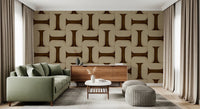 Modern Textured Tiles Umber wallpaper in brown and cream interlocking pattern behind a sage green sofa and walnut sideboard