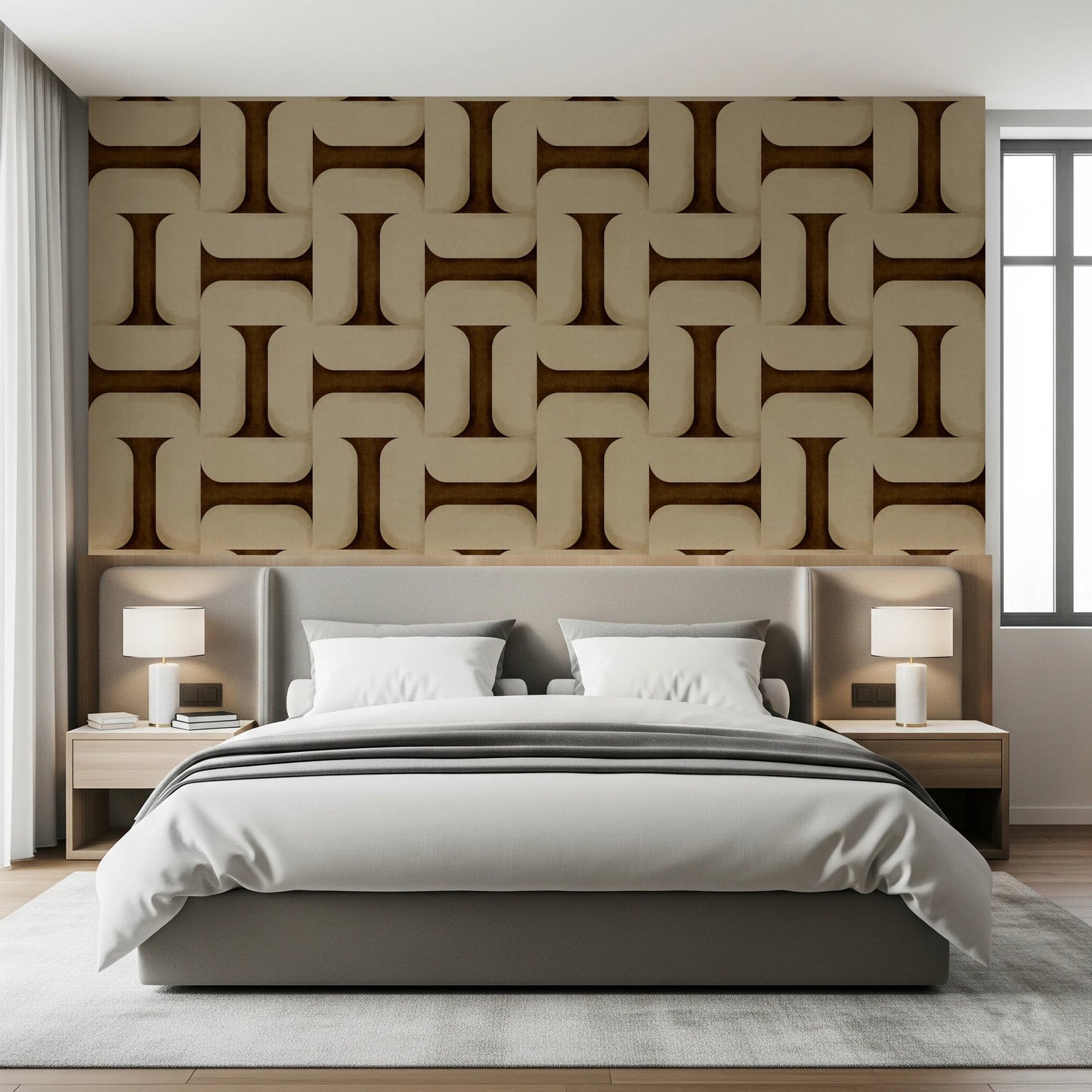 Modern Textured Tiles Umber wallpaper as a headboard wall behind a grey bed and two table lamps in a bedroom