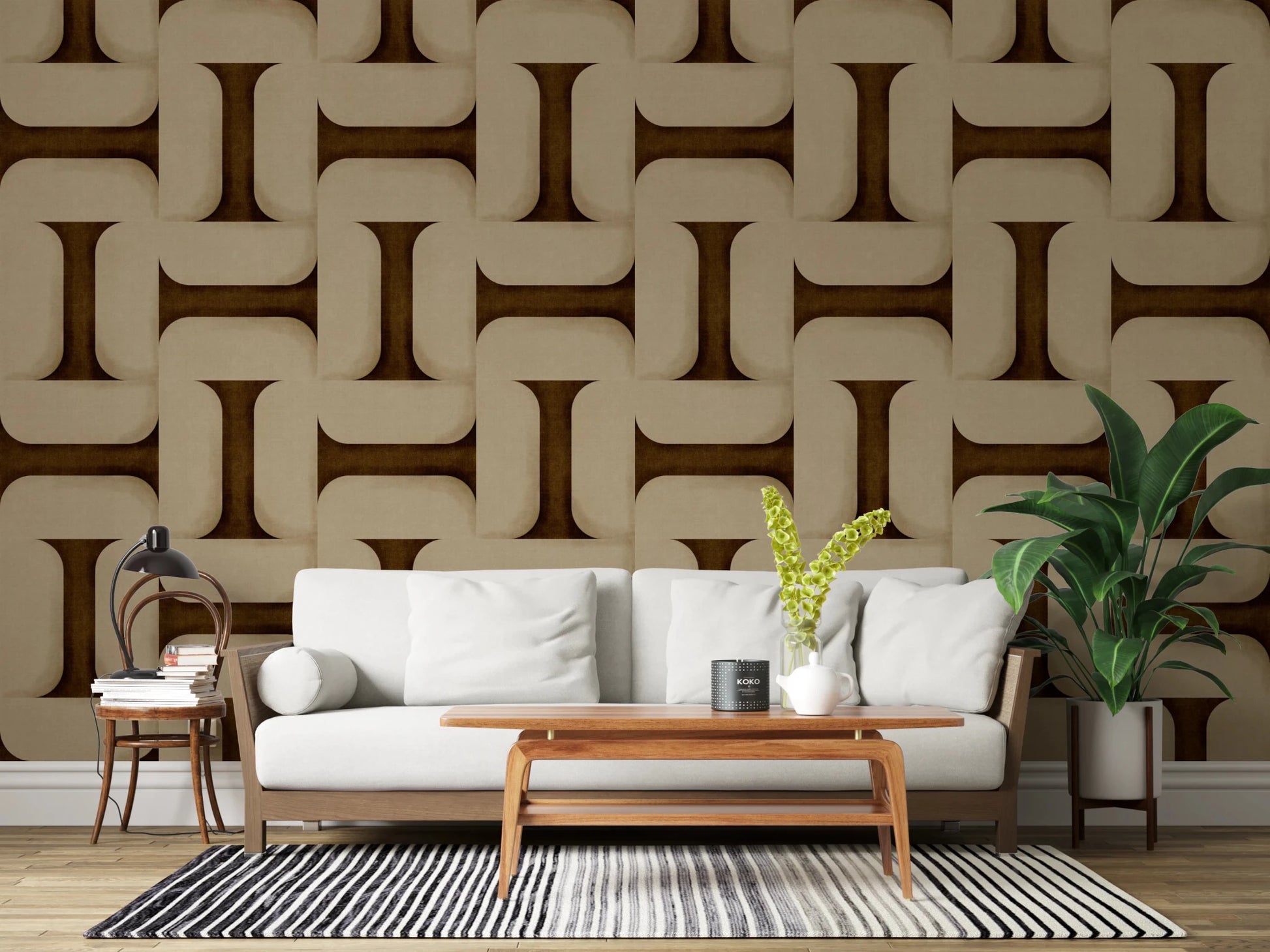 Modern Textured Tiles Umber wallpaper in brown and cream behind a white sofa and walnut coffee table in a living room
