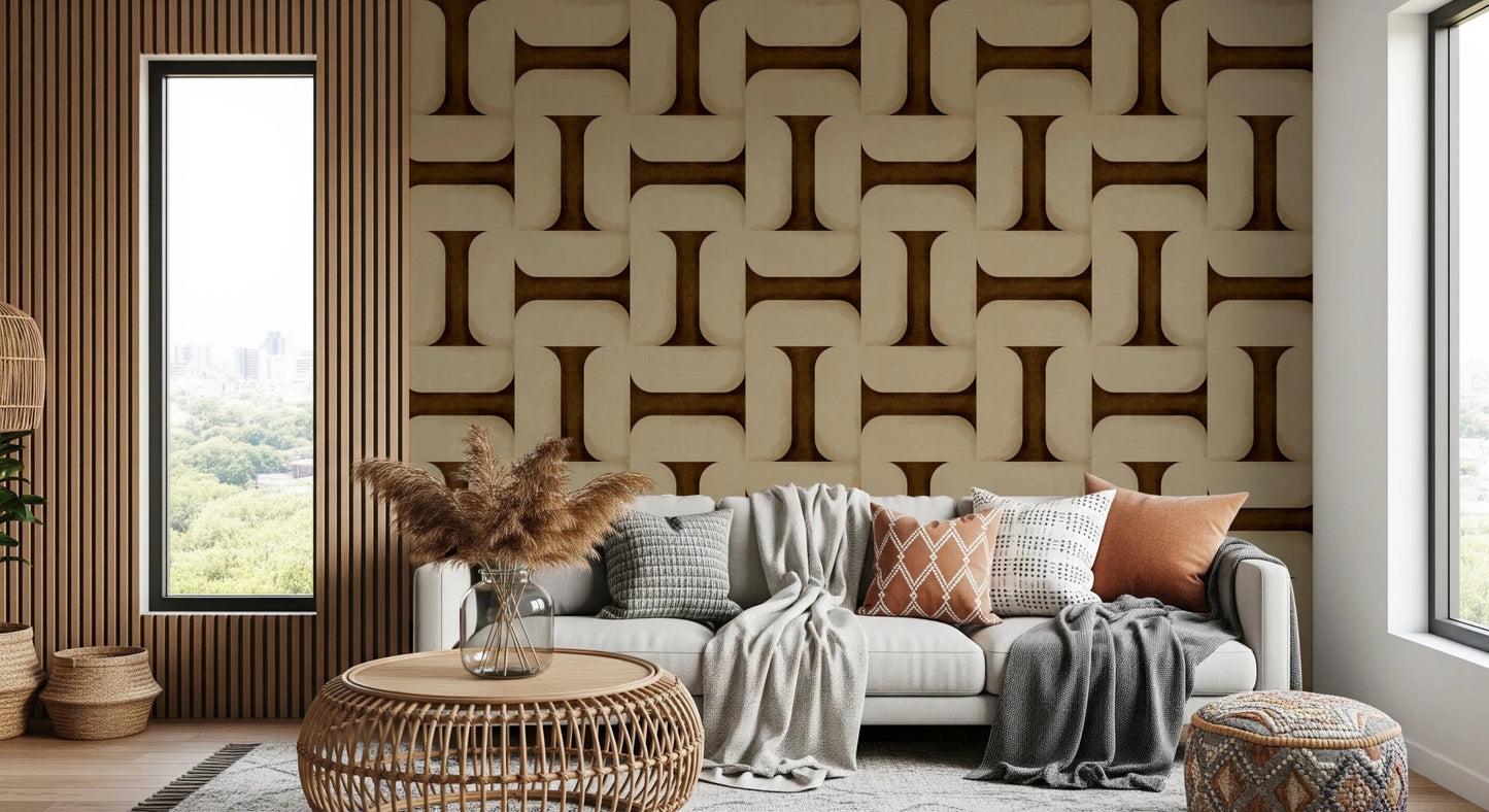 Modern Textured Tiles Umber wallpaper in brown and cream behind a grey sofa and rattan table by a wood slat wall