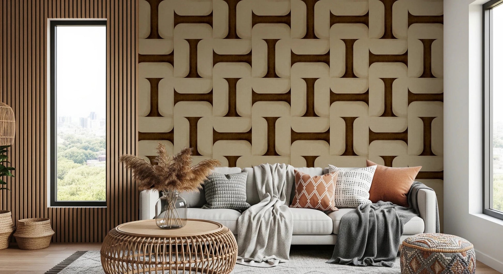 Modern Textured Tiles Umber wallpaper in brown and cream behind a grey sofa and rattan table by a wood slat wall