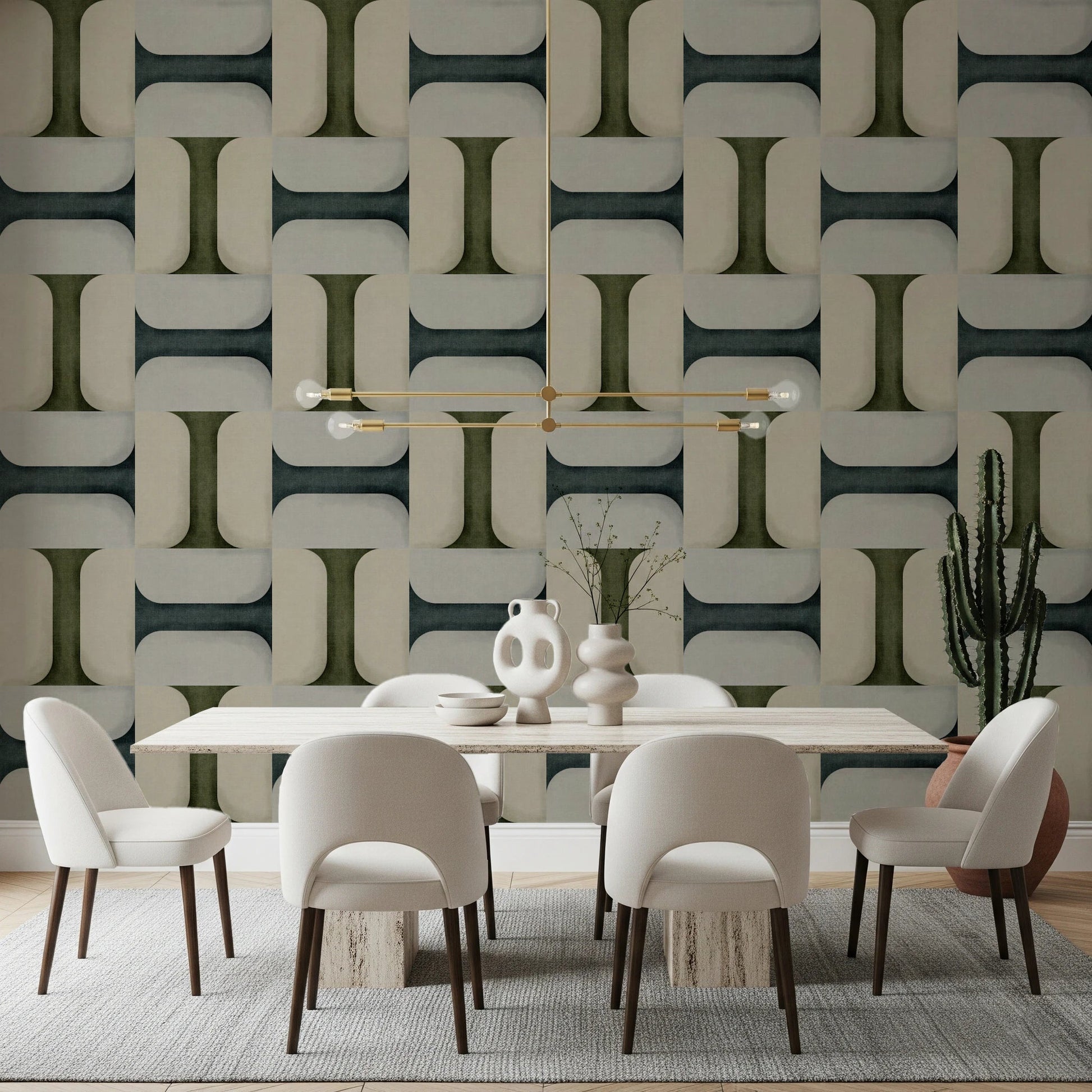 Dining room pairs well with geometric winter wallpaper and clean block design