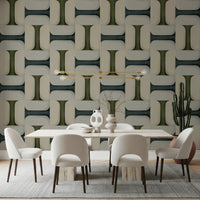 Dining room pairs well with geometric winter wallpaper and clean block design