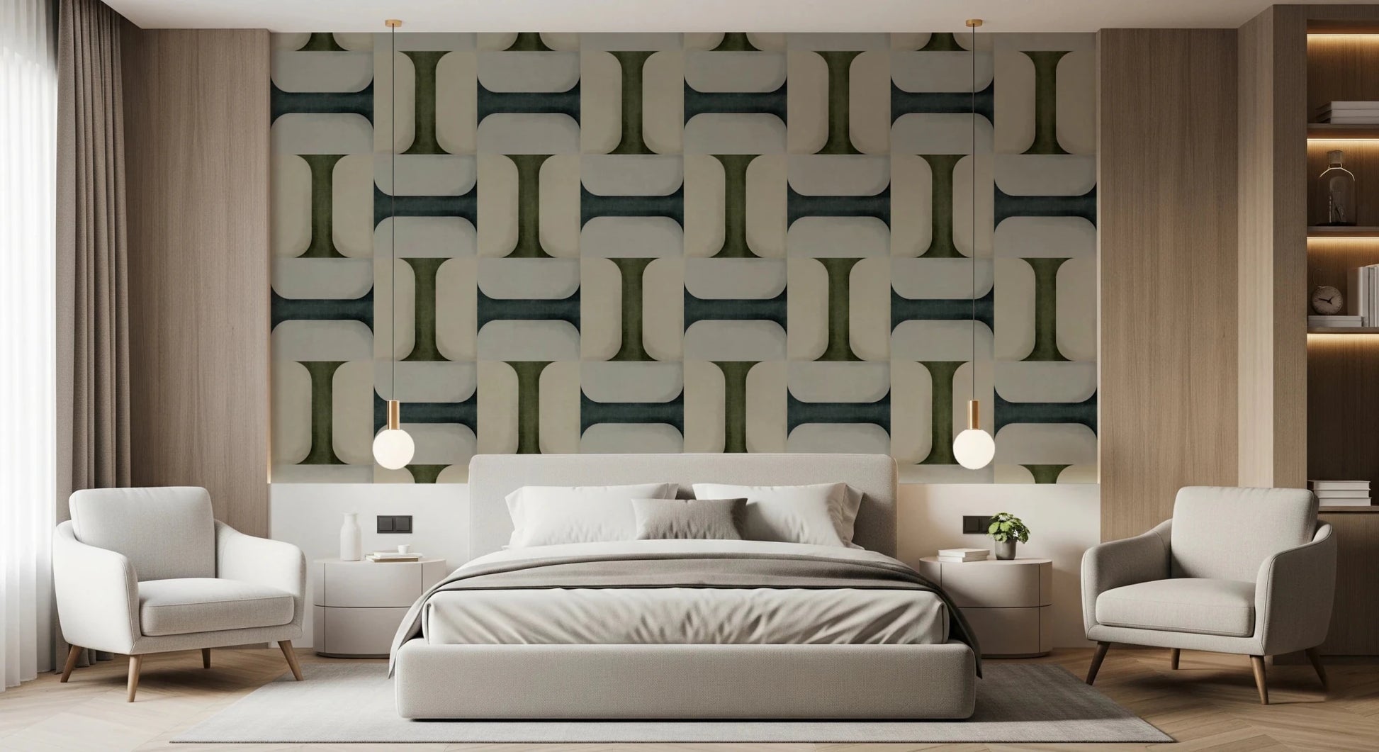 In the Bedroom area, winter tile pattern wallpaper creates minimal rhythm