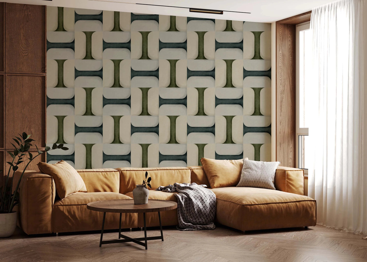 A Living room benefits from modern textured tile wallpaper and subtle depth
