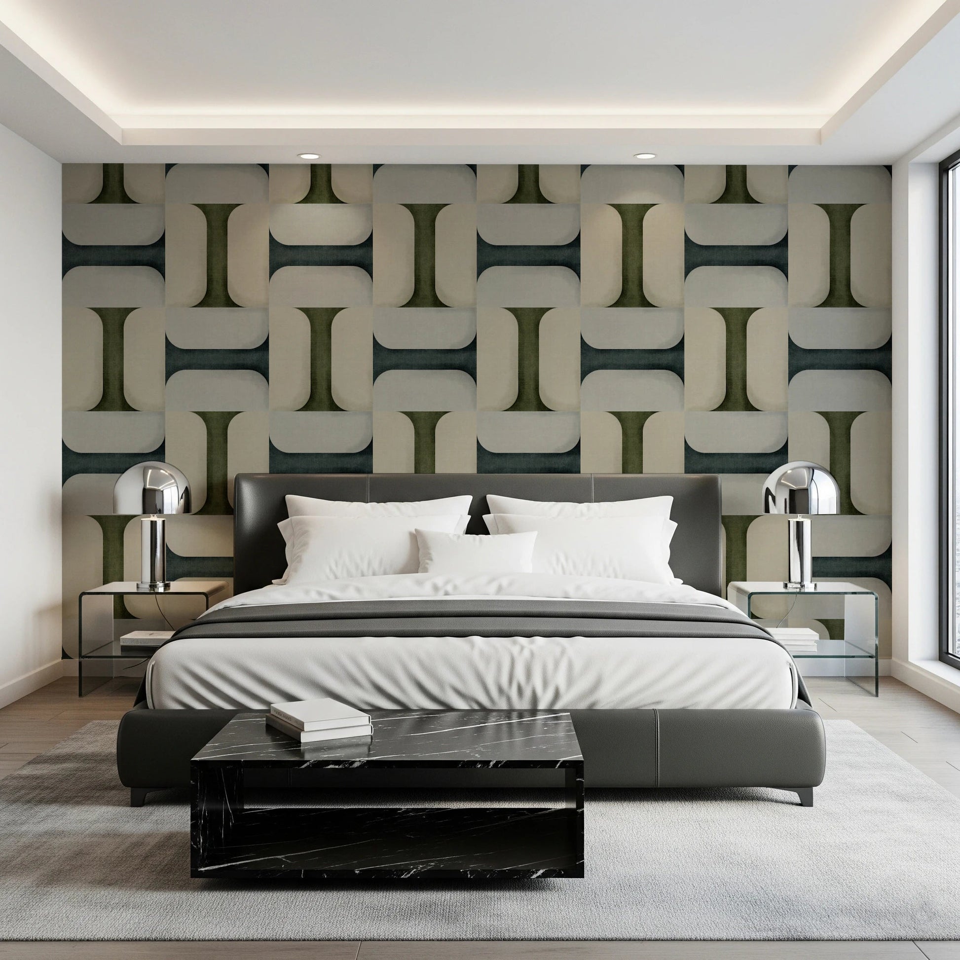 Guest room décor feels fresh with contemporary tile wallpaper in neutral tones