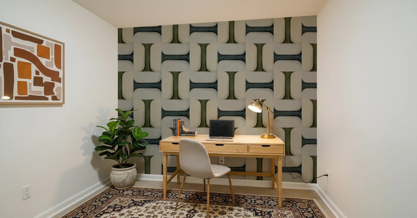 Study room gains balance through geometric tile wallpaper in muted shades