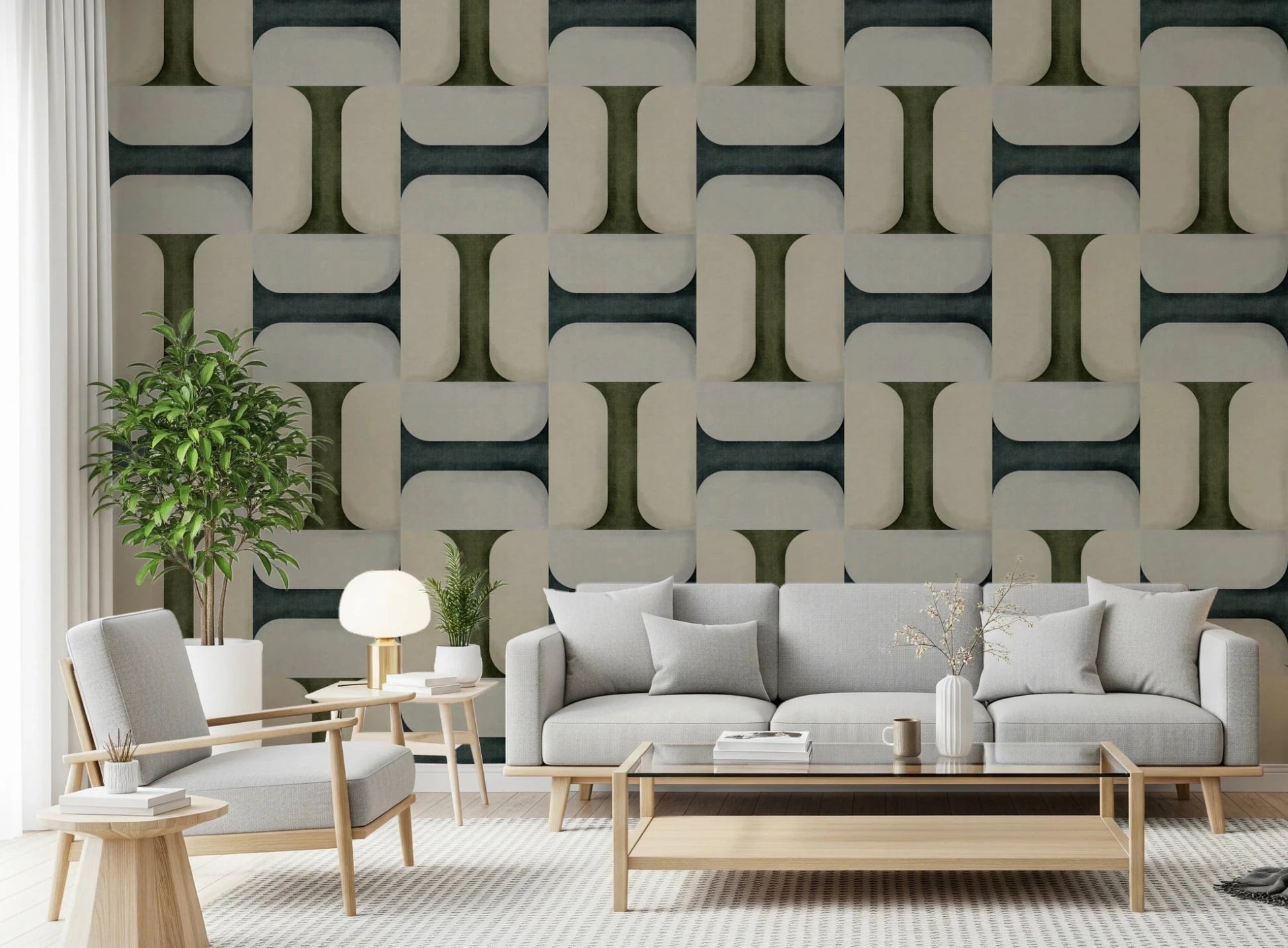 Hallway styling improves with textured winter tiles wallpaper and soft contrast