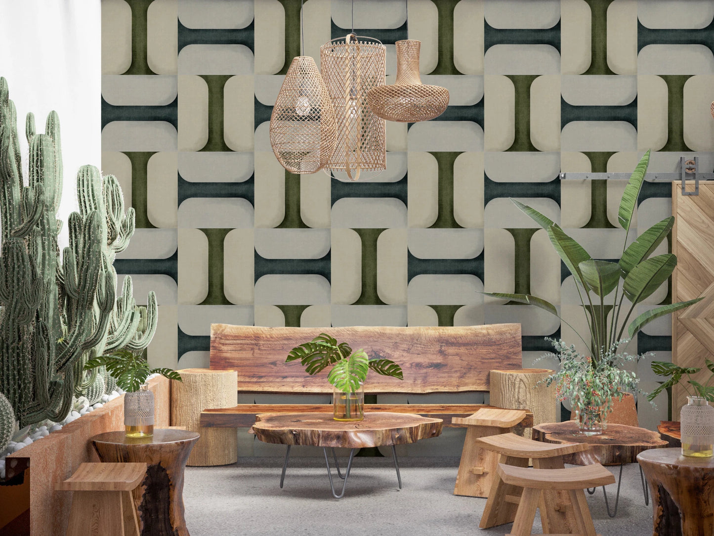 A Hallway feels calm using geometric tile wallpaper in soft winter tones