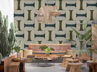 A Hallway feels calm using geometric tile wallpaper in soft winter tones