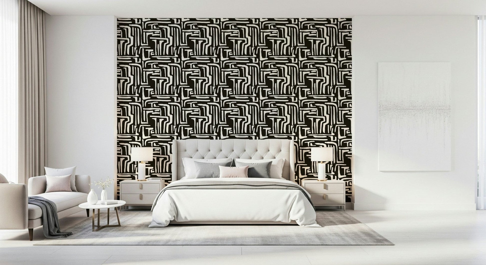 Geometrical black and ivory motif, unique Modern Tribal Maze aesthetic.