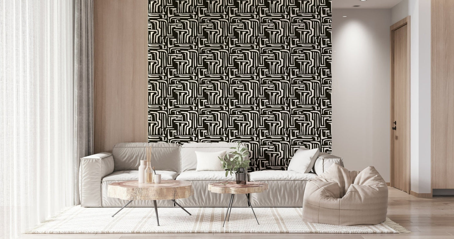 Intricate Modern Tribal Maze pattern, dense graphic texture, room accent.