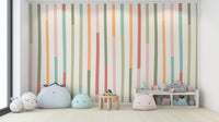 Abstract vertical stripe wall mural with hand-drawn lines
