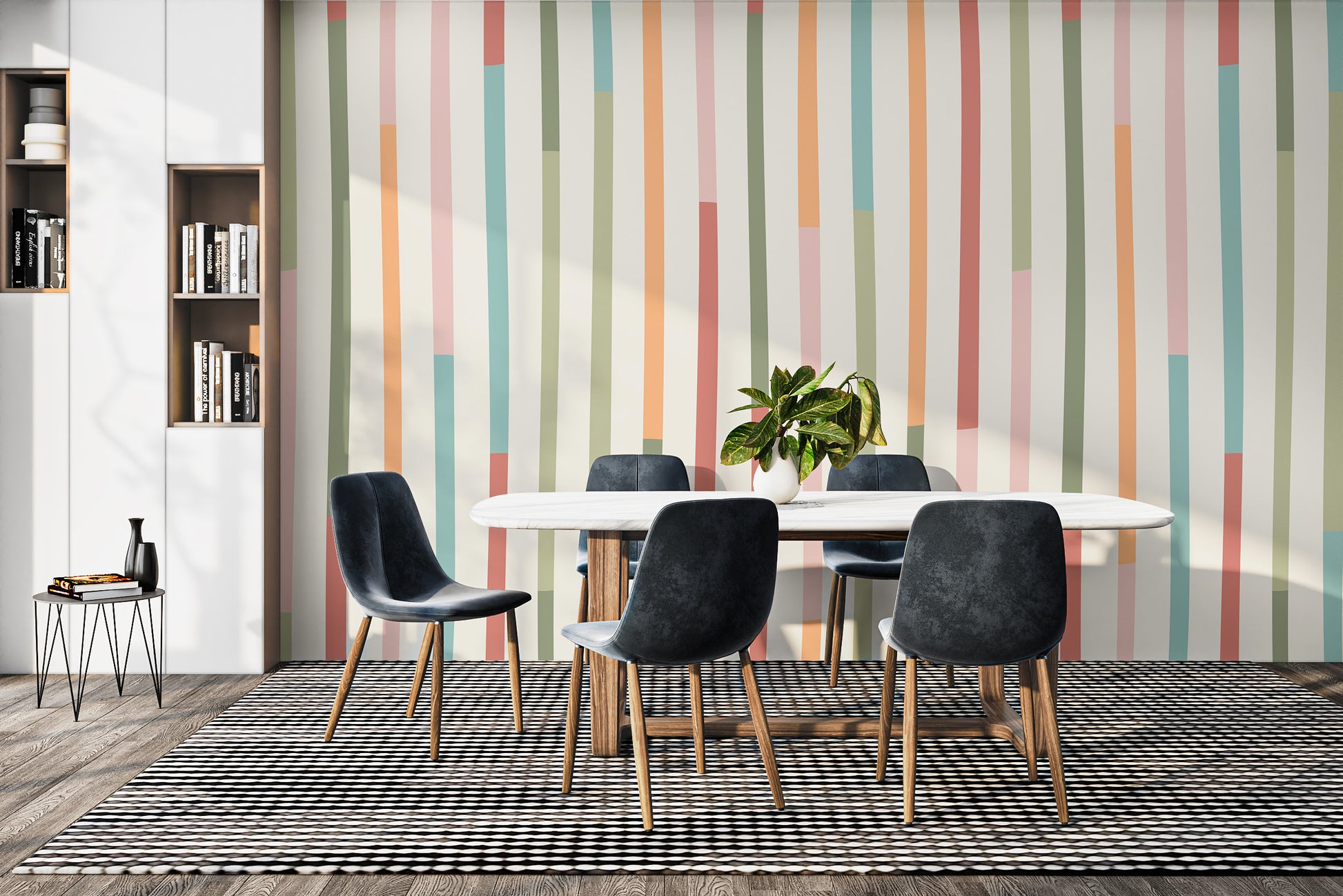 Modern wavy striped wallpaper mural in soft pastel tones
