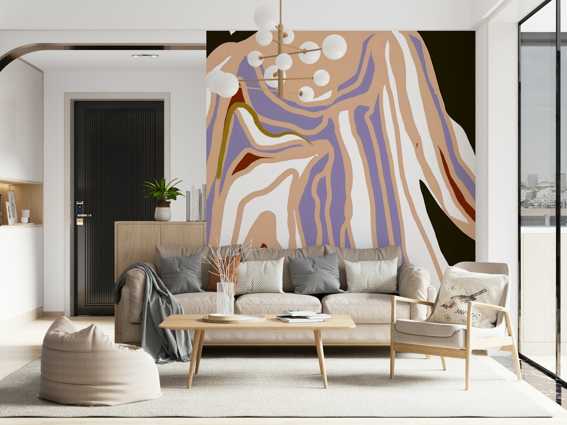 Graphic novel style artwork becomes a stunning Retro Geo Blush wallcovering.
