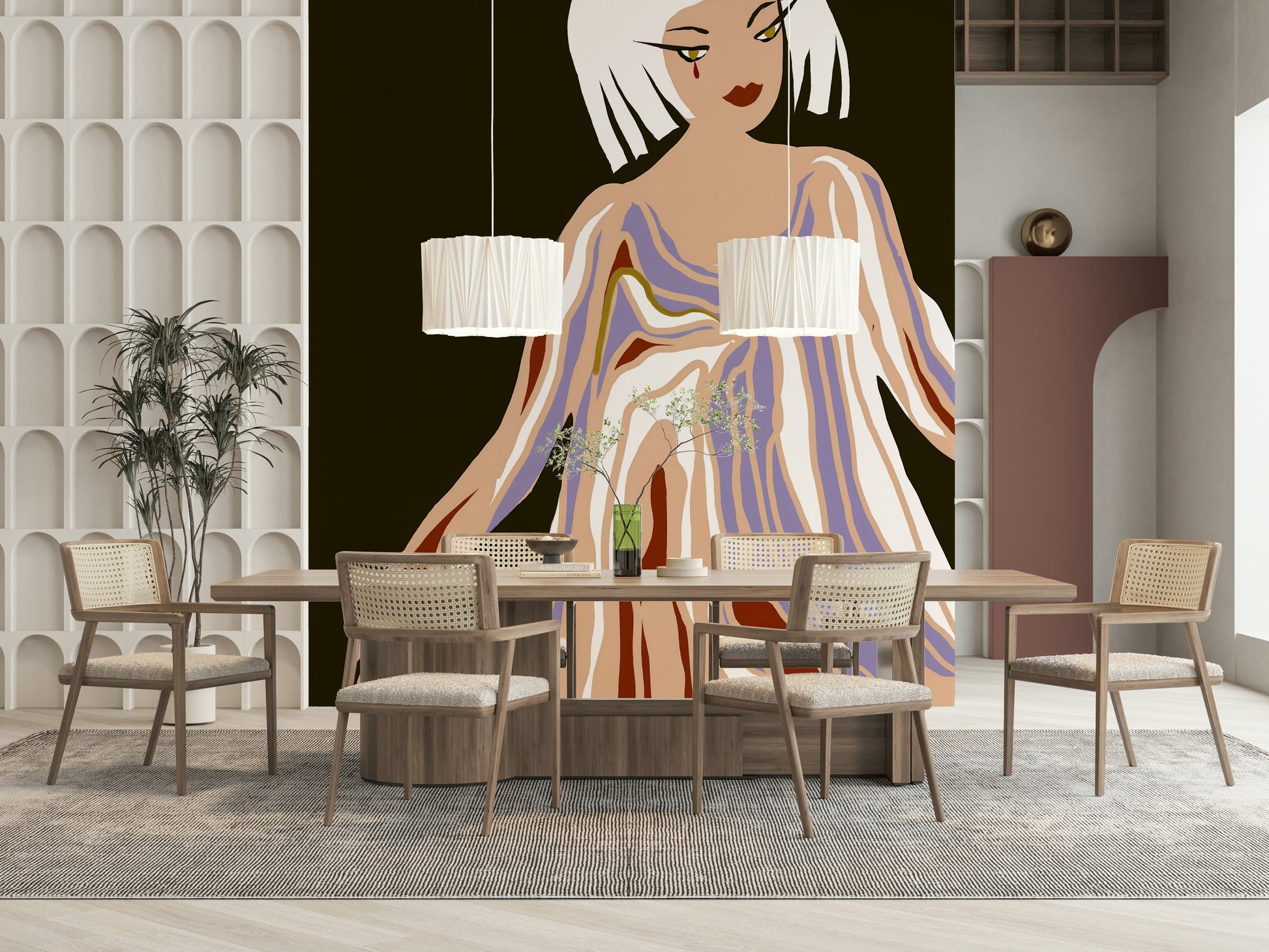 Retro Geo Blush mural wallpaper features abstract flowing lines and a modern woman.