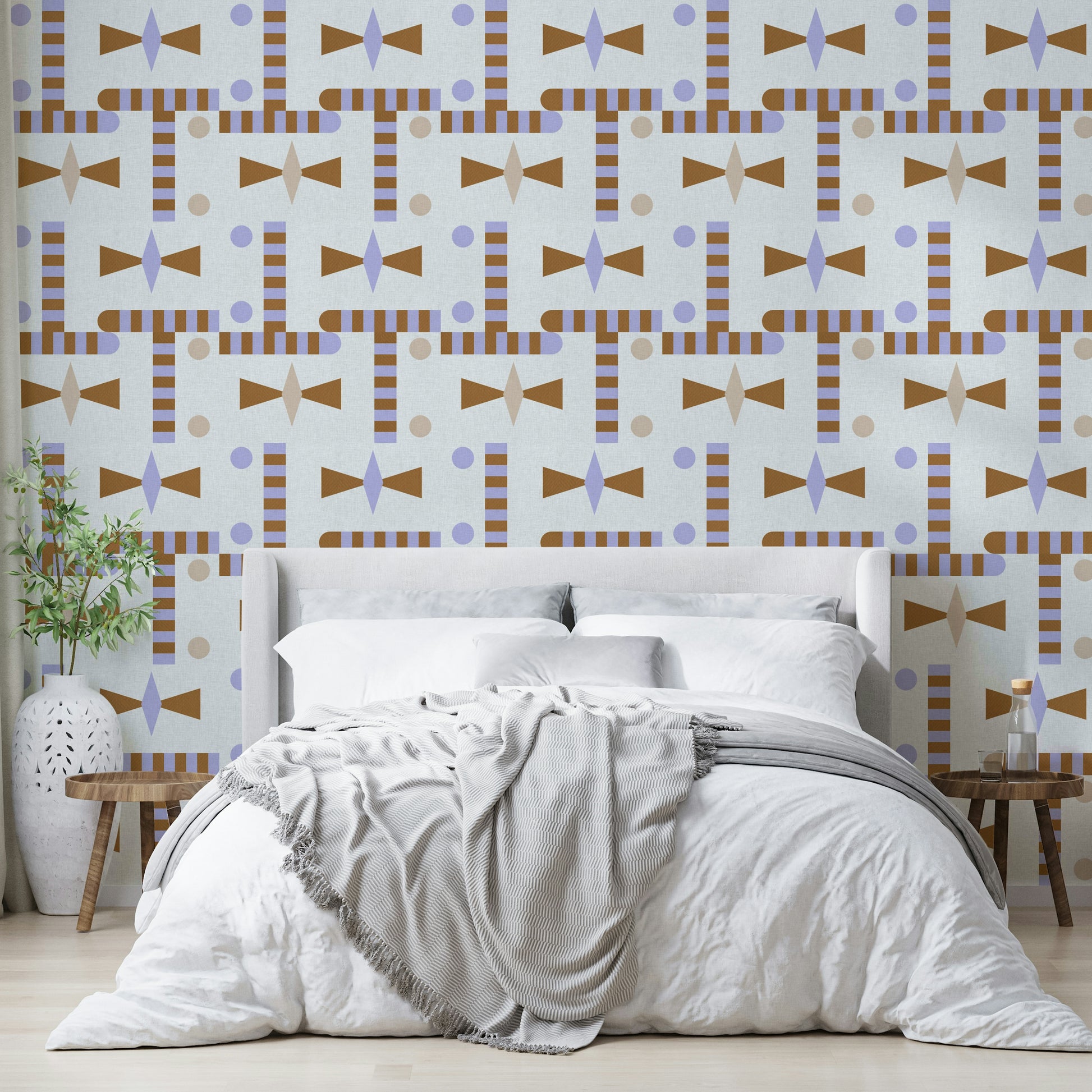 Diamond and circle print fabric-style wall

