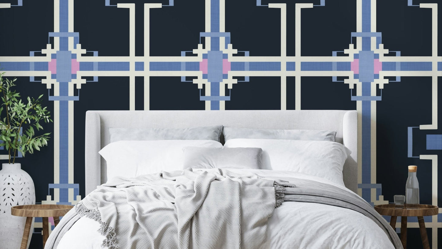 Blue and pink modernist grid wallpaper


