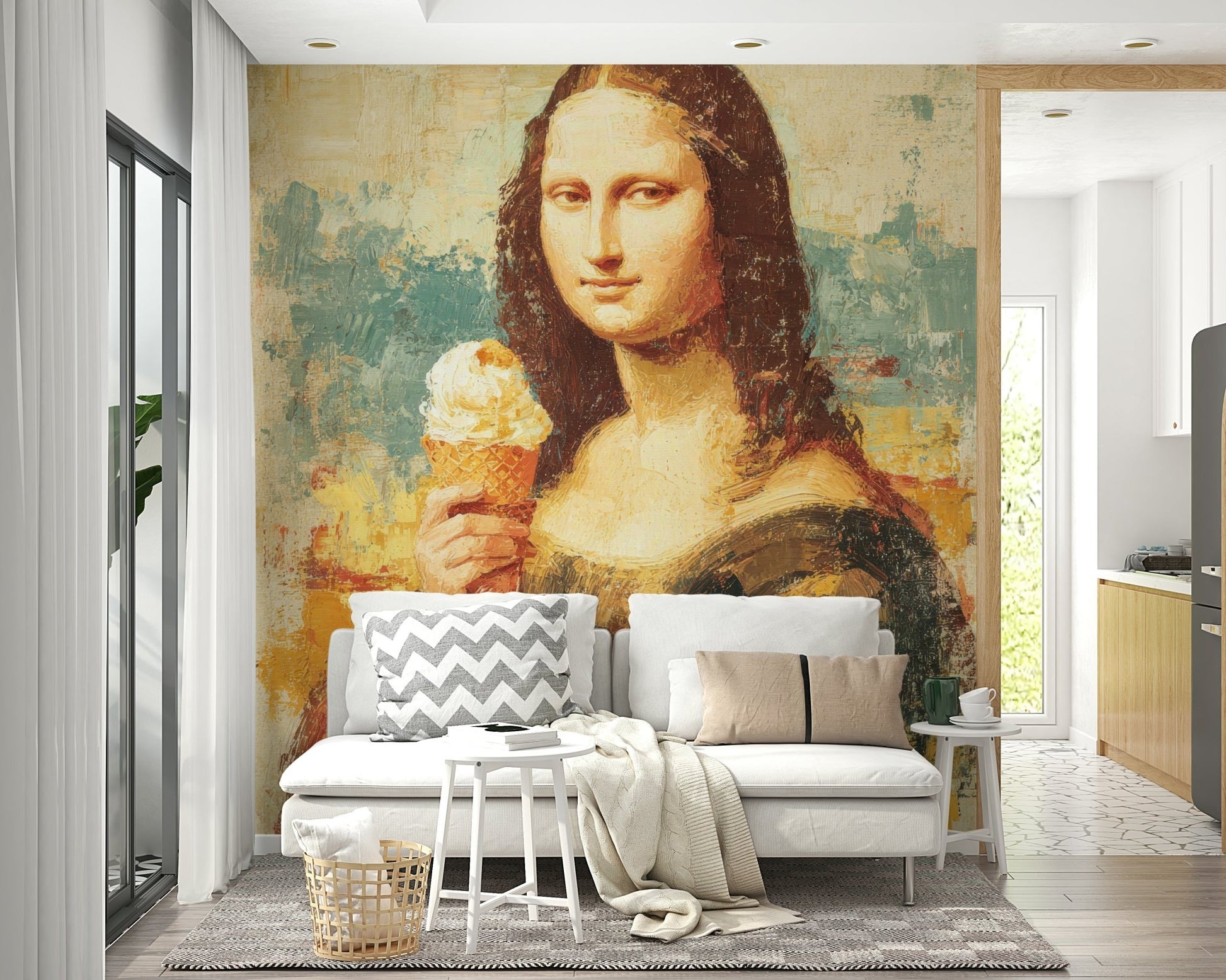 Mona Lisa Enjoying an Ice Cream Cone mural of the painted Mona Lisa holding a cone behind a white sofa in a living room