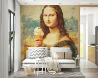 Mona Lisa Enjoying an Ice Cream Cone mural of the painted Mona Lisa holding a cone behind a white sofa in a living room