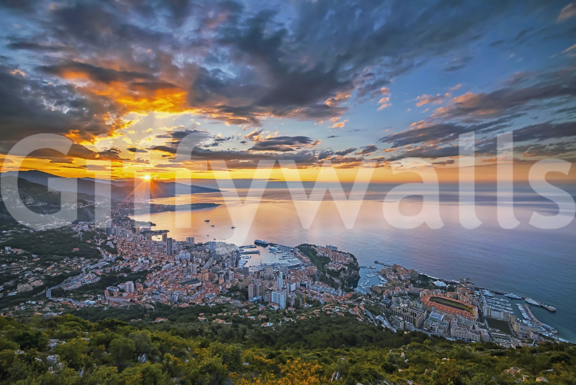 Monaco at Dawn urban coastline peel and stick wallpaper.
