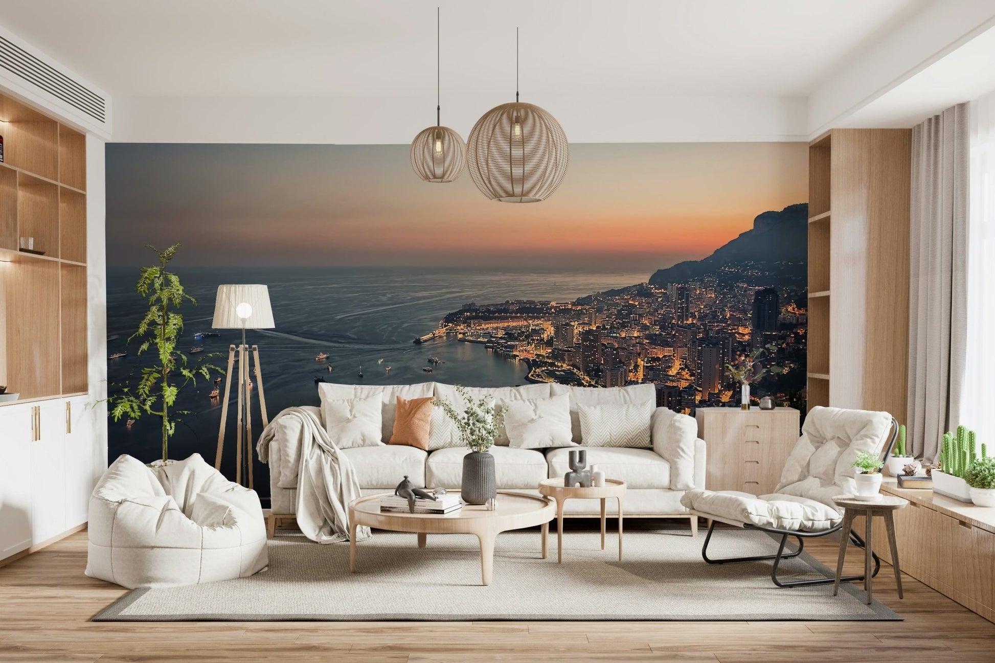 Monaco Nights mural featuring sunset sky over French Riviera.