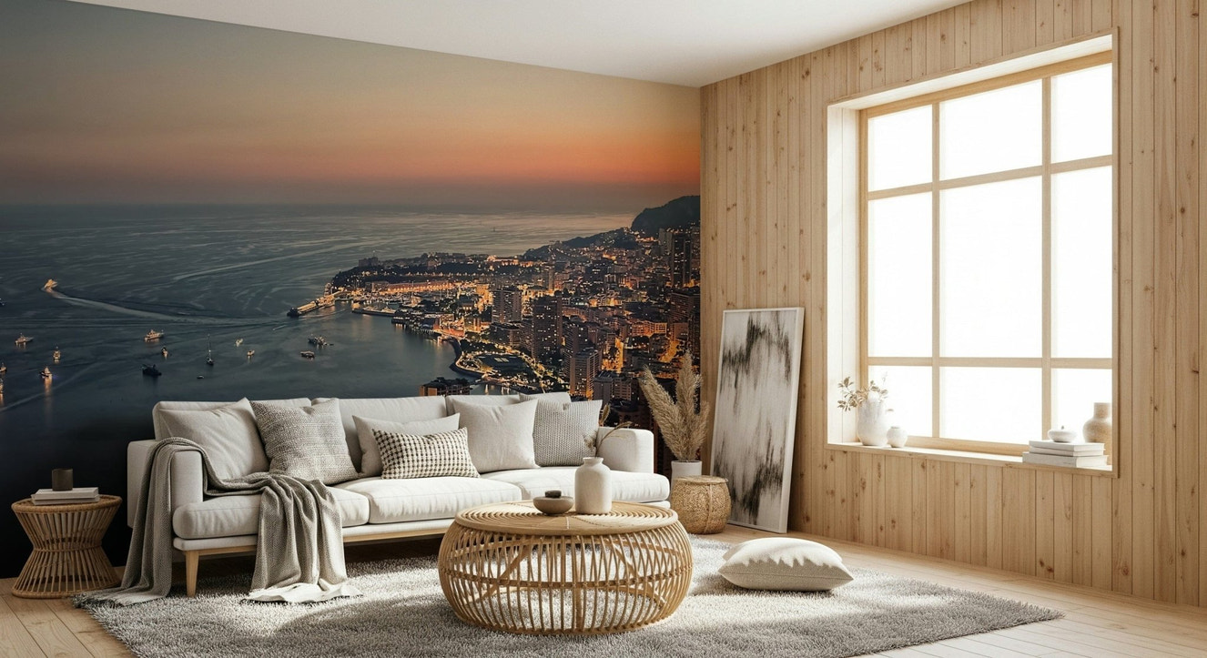 Monaco Nights wallpaper mural showcasing glowing Mediterranean evening harbor.