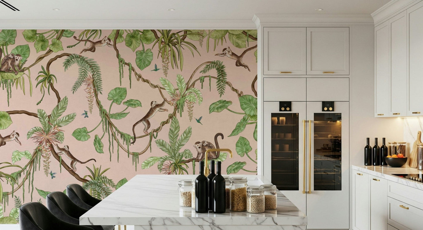 Playful monkeys swinging among lush tropical plants in a paradise setting