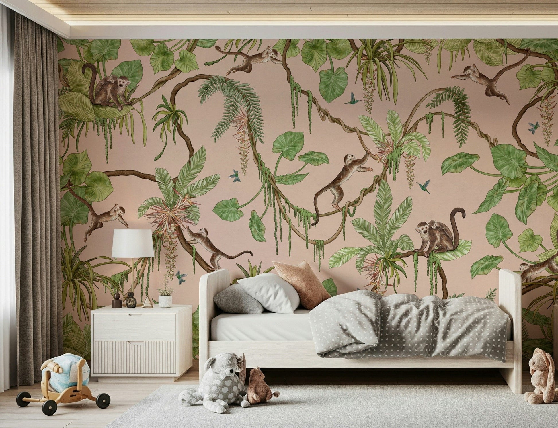Vibrant jungle mural featuring mischievous monkeys in a tropical paradise