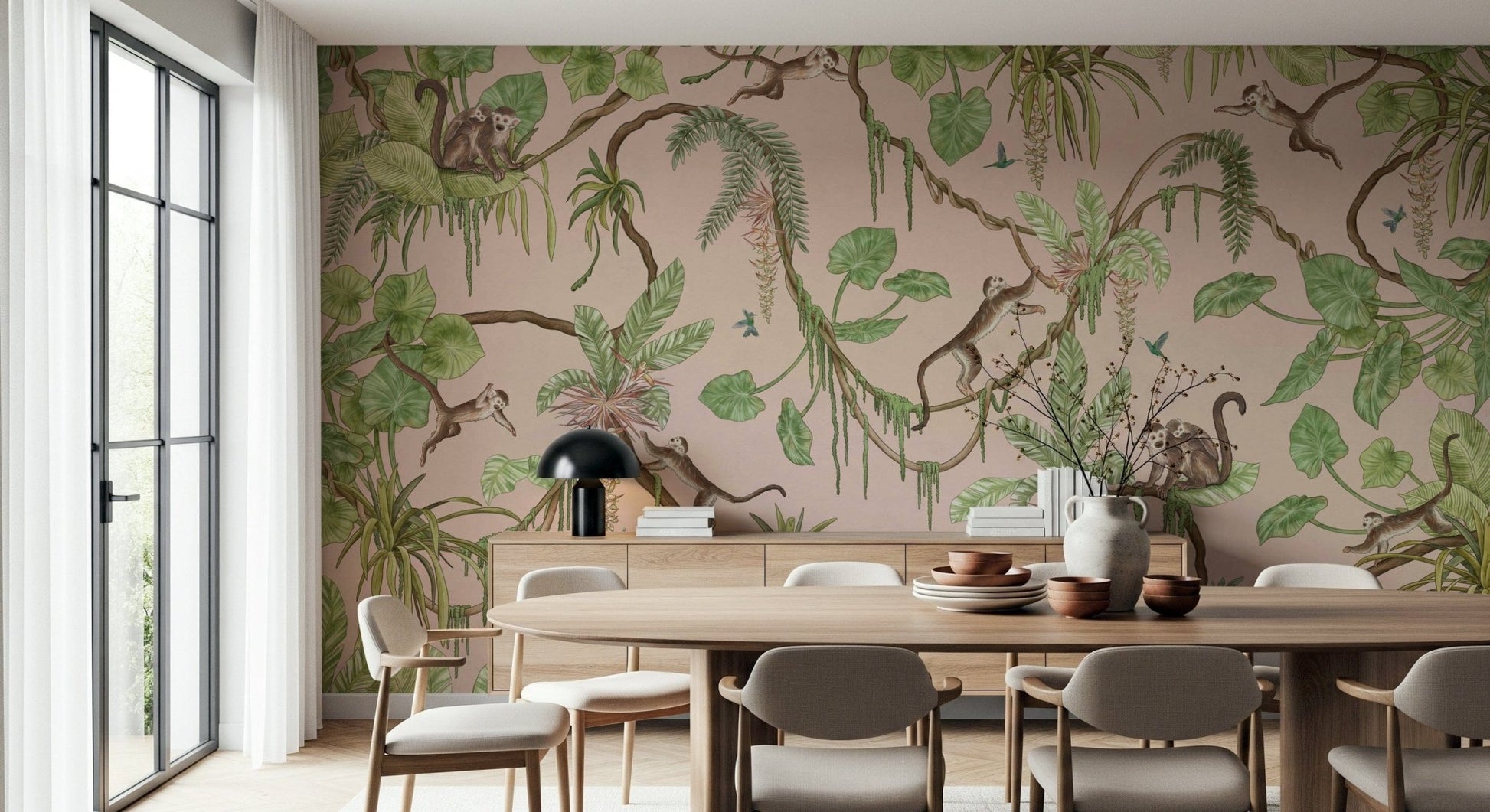Lively mural of monkeys climbing trees in a serene tropical paradise