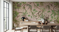 Lively mural of monkeys climbing trees in a serene tropical paradise