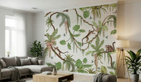 Playful tropical mural featuring monkeys swinging through trees – animal wallpaper, jungle wallpaper, tropical wallpaper.