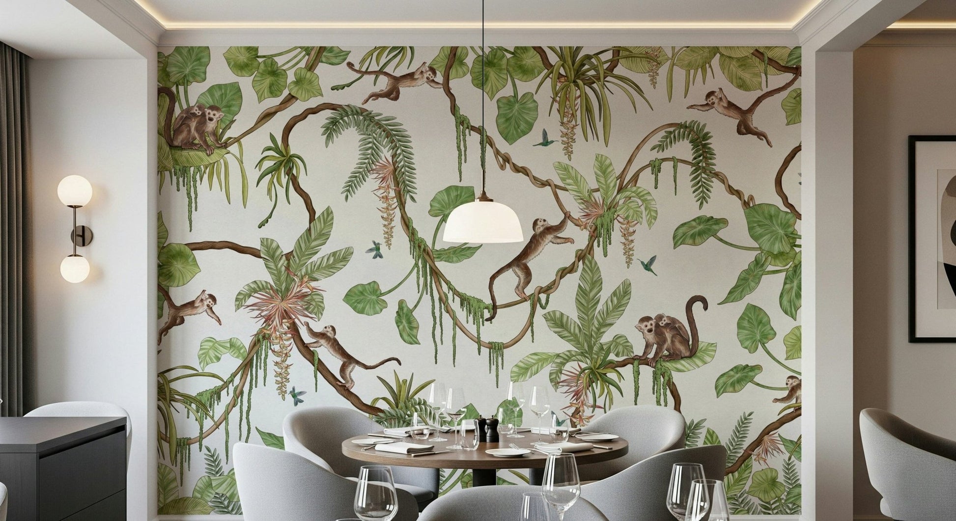 Vibrant wall mural featuring mischievous monkeys among tropical foliage – animal wallpaper, jungle wallpaper, tropical wallpaper