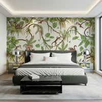 Whimsical jungle mural with monkeys exploring the treetops – animal wallpaper, tropical wallpaper, jungle wallpaper.