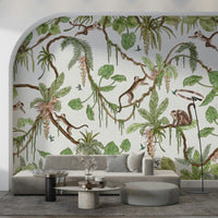 Playful monkeys in a lush jungle scene – animal wallpaper, jungle wallpaper, tropical wallpaper.