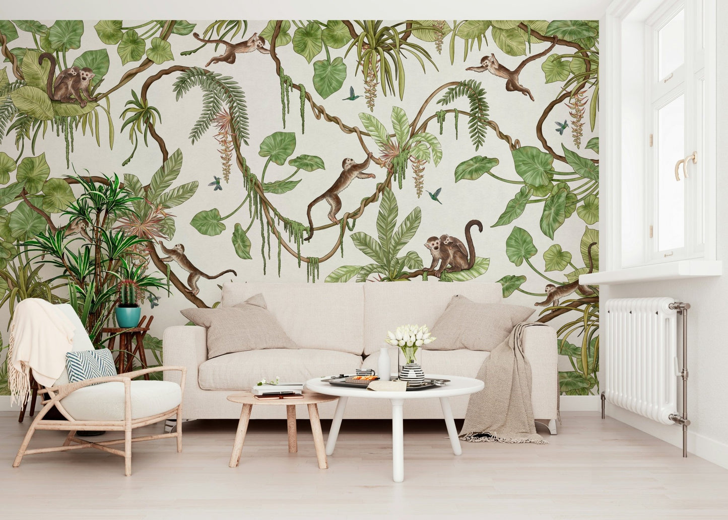 Detailed tropical wallpaper showing monkeys in a vibrant jungle environment – animal wallpaper, jungle wallpaper.